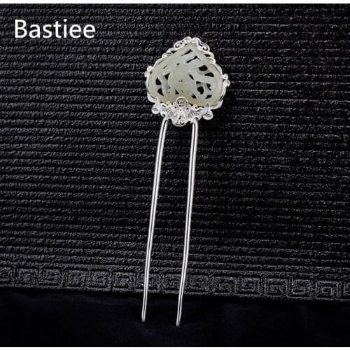 Bastiee 925 Pure Silver Hair Fork For Women Chinese Hair Stick Hanfu Accessories Jade Jewelry Luxury Wedding Jewellery