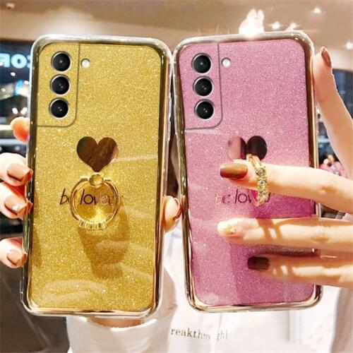 Bling Plating Love Heart Phone Case For Samsung S21 S20 S10 S9 Plus A51 A71 A21S A50 Note 20 10 Pro Ring Holder Soft Back Cover