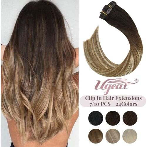 [Full Head Set] Ugeat Clip in Hair Extensions 14-22" Balayage Color Clip In Human Hair 100% Real Human Hair Extensions for Women