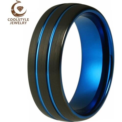 Black Blue Tungsten Weding Band For Men And Women Dome Band 8MM With Grooved Brushed finish Comfort Fit