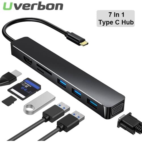 USB C Hub 7 In 1 Type C Dock Station For MacBook Type-C To 4K HDMI-Compatible VGA USB 3.0 SD/TF Card Splitter Hub For Laptops