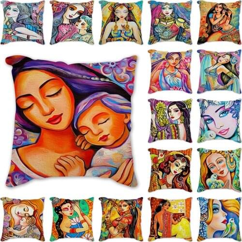 Indian beauty Cushion Cover Polyester Cotton Throw Pillow Cover Decorative Pillows Flower Mother and child Cushion Cover Sofa