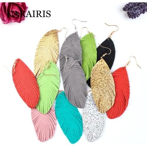 KARAIRIS 2020 Fashion Jewelry Feather Genuine Leather Earrings for Women Big Tassel Statement Dangle Earrings Gift Wholesale