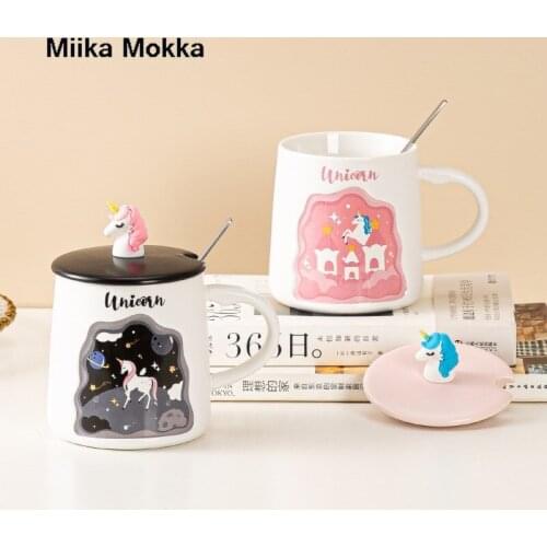 Cute Unicorn Coffee Mug with Lid and Spoon for Breakfast Milk Tea Drinking Ceramic Mug Coffee Cup Tea Cup Gift for Girls Pink