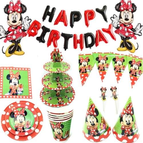 Minnie Mouse Red Theme Party Set Disposable Childrens Birthday Paper Plate Cup Balloon Birthday Party Decoration
