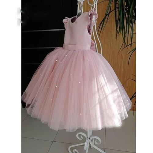 New Peach Pink Flower Girls Dresses For Wedding Beading Backless Birthday Party Evening Dress Tulle Princess Ball Gown