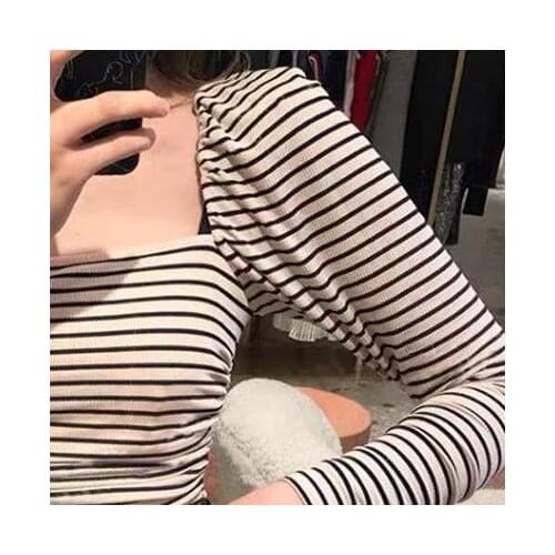 2021 Autumn Women T-Shirt Stripe Tops and Shirt Square Collar Puff Sleeve Bottoming Long-Sleeved Slim Ladies Tee