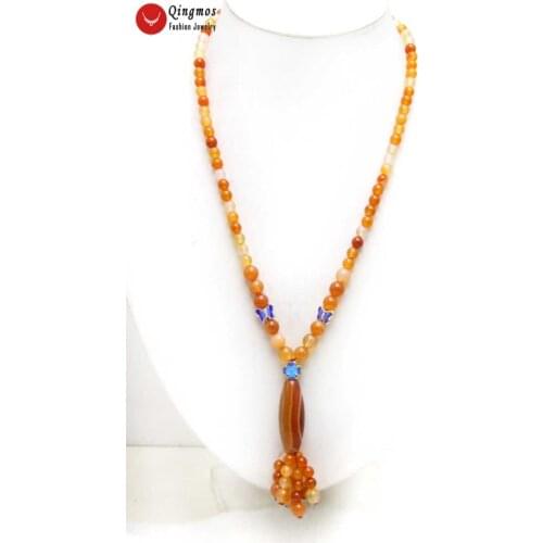 Qingmos Natural Red 10*42mm Olivary Shape Agates Pendant Necklace for Women with 6mm Orange Round Beads 22'' Long Necklace N5977