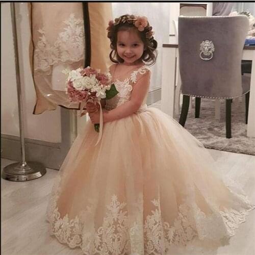 New Champagne First Communion Dresses O-neck Applique Lace Flower Girl Dresses Ball Gowns Custom Made Vestidos
