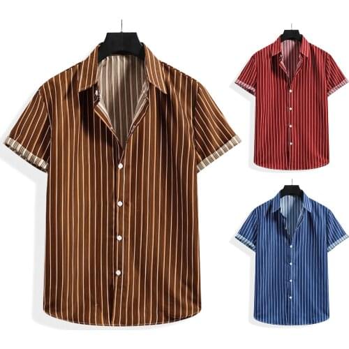 Mens Shirts Summer Casual Striped Print Beach Shirt Button Cardigan Top Short Sleeve Turndown Collar Blouse Shirts For Men