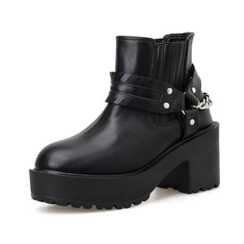 Winter Boots Women Genuine Leather Platform Boots Black Boots Thick Heel Platform Boots Booties Heels
