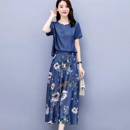 Tencel Wide-leg Pants Suit Women New Summer Thin Denim Two-piece Set 2020 Loose Printing Suit Ladies Pantskirt Suit S 3XL s468