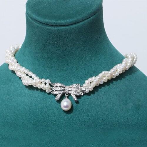 THREE ROWS Bow Knot Style Real Natural Freshwater Pearl Necklace Jewelry for Party Wedding Bride Women 2pcs/lot