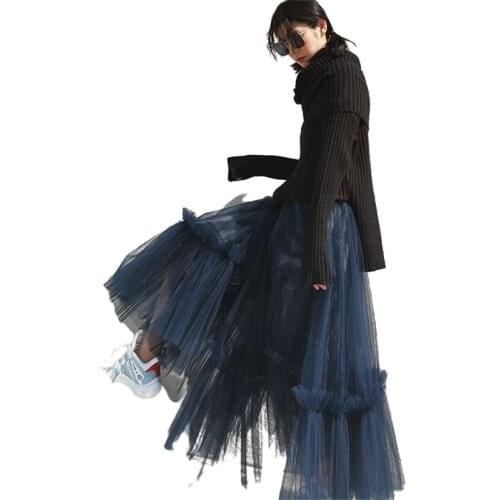 New Summer Casual Long Mesh Skirts Princess Elastic High Waist Ruffled Tiered Tulle Pleated Maxi Skirts Faldas Mujer Moda