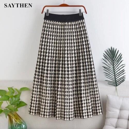 SAYTHEN 2021 New High-Waist Slim-Fit Elastic Waist Plaid All-Match Mid-Length Skirt Big Houndstooth Half-Length Female Skirt