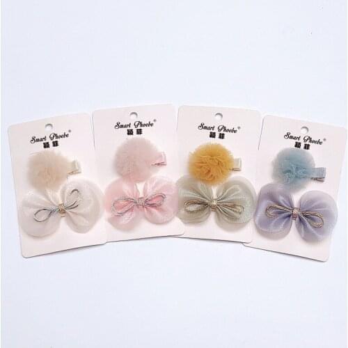 Boutique 12Sets Fashion Tulle Pom Pom Bowknot Hairpins Glitter Bow Barrettes Hair Clips Princess Headwear Girls Hair Accessories