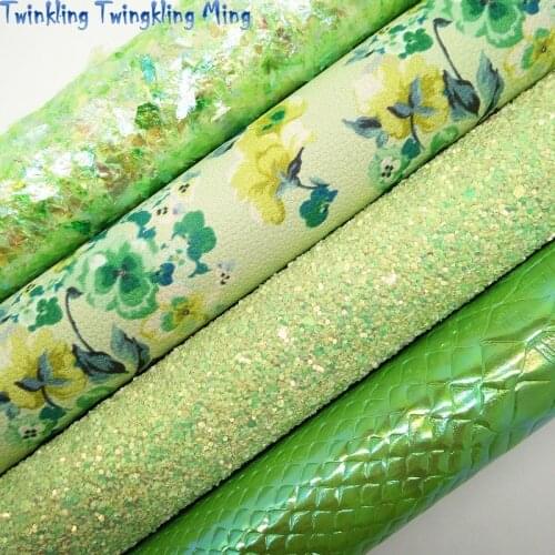 Green Chunky Glitter leather, Flowers Printed Faux Leather, Snake Faux Leather For Bow A4 21x29CM Twinkling Ming KM127