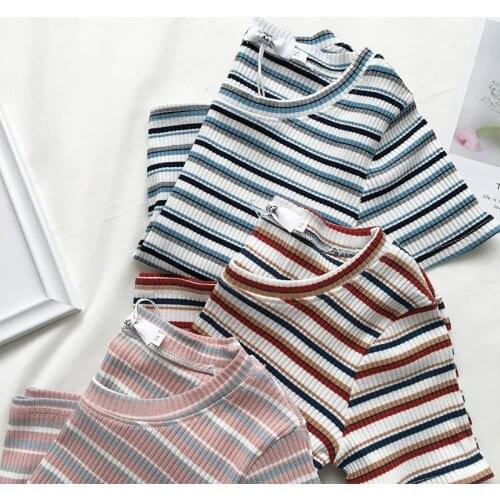 Woman TShirts 2020 nian Summer Stripes Short-Sleeved T-Shirts Womens Knit Shirt Crop Top Mujer Camisetas