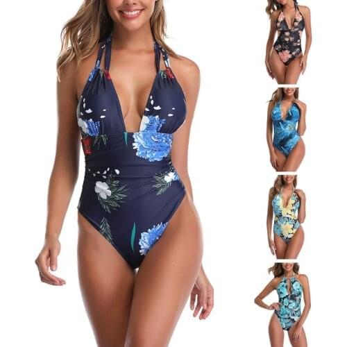Women Sexy One-Piece Bikini Swimsuit Halter V-Neck Backless Ruched Monokini Boho Floral Print Tummy Control Bathing Suit