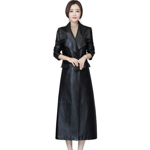 Womens Lapel Luxury Faux Leather Slim Fit Long Sleeve Trench Coat Overcoat Parka