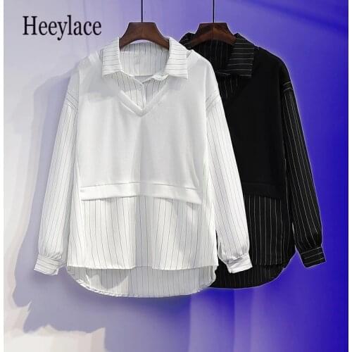 Plus Size 4XL Women Stripe Patchwork Sweatshirts Long Sleeve Pullovers Autumn Winter Casual Loose Workwear Tops 2021 Clothing