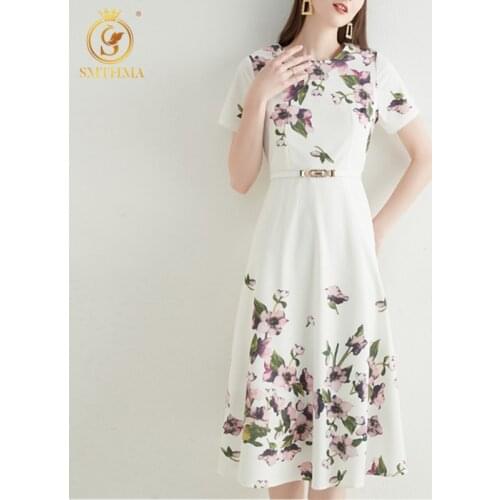 SMTHMA New Fashion Vintage Print Summer Dress Ladies Elegant Short Sleeve Party Dresses Women Clothes Vestidos