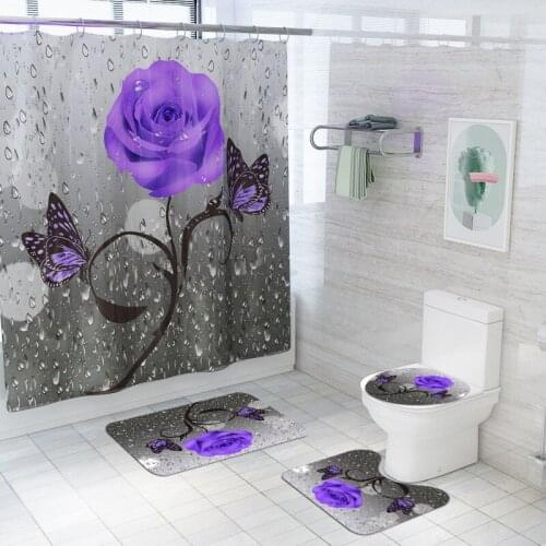 3Pcs/set Bathroom with Shower Curtain Mat Set Anti-Slip Kitchen Bath Mat Butterfly Flower Carpet Bathroom Toliet Rug Washable