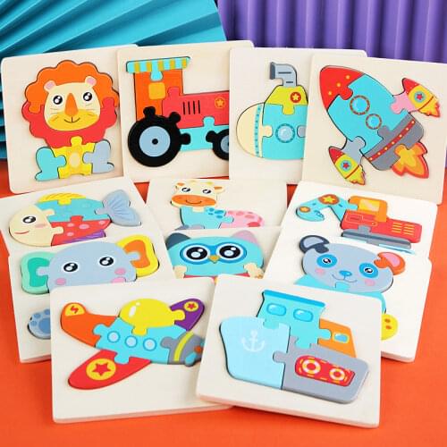 3D Wooden Puzzles Cartoon Animals Kids Cognitive Jigsaw Puzzle Wooden Toys for Children Baby Puzzle Toy Games Christmas Gift
