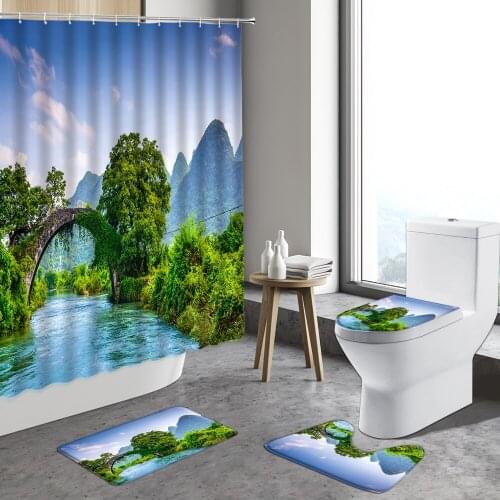 4pcst Spring Green Scenery Shower Curtain Forest Mountain Waterfall Plant Anti-Slip Bath Mat Toilet Bathroom Decor Carpet Rugs