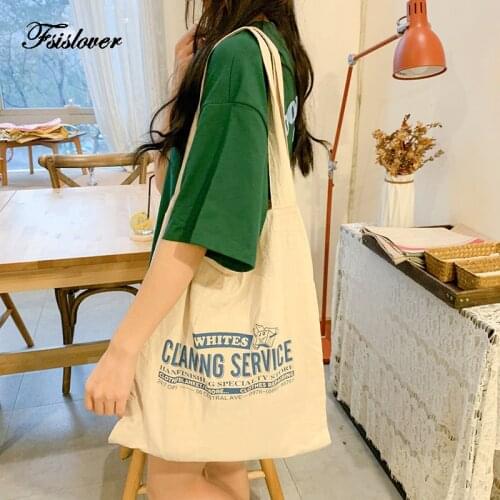 Summer Women Canvas Shoulder Bag letter Print Ladies Shopping Bags Cotton Linen Fabric Grocery Handbags Tote Books Bag For Girls