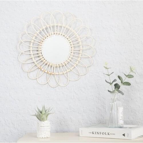 Handmade rattan round makeup mirror innovative art decoration dressing table bathroom wall mirror Nordic crafts wall decoration
