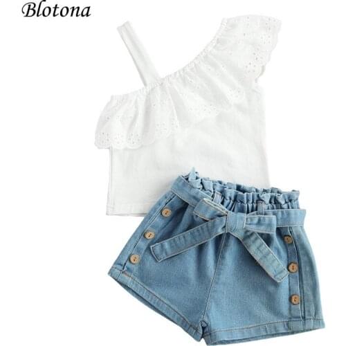 Blotona Stylish Toddler Girls 2Pcs Summer Outfits, Strap One Shoulder Ruffle Hollow Out Tops + Belted Denim Shorts Set 1-6Years