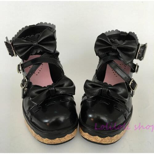 Princess sweet black lolita shoes Bow buckle Shoe of sponge cake Customer customized large size shoes By hand made lace an2002-8