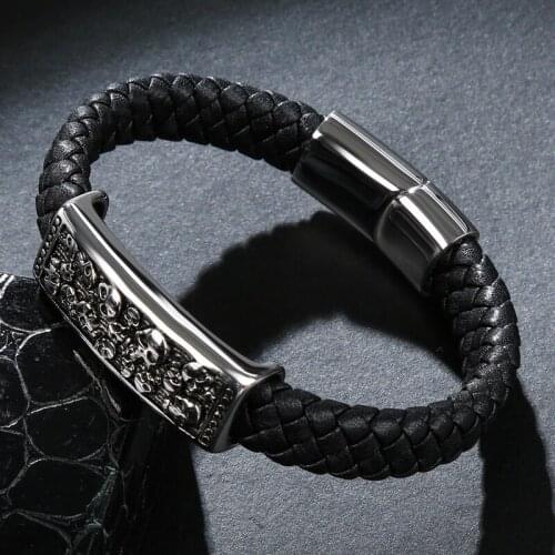 MOZO FASHION 2020 New Classic Men Bracelets Black Genuine Leather Skeleton Stainless Steel Bracelets High Quality Man Jewelry 1