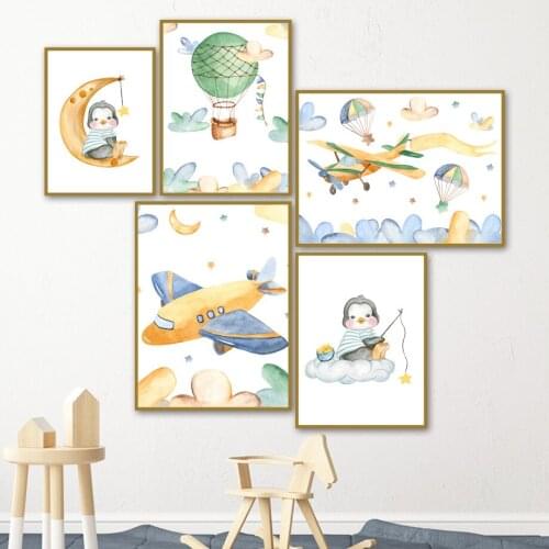 Wall Art Canvas Painting Baby Penguin Pilot Moon Star Cartoon Nordic Posters And Prints Wall Pictures For Kids Room Nursery