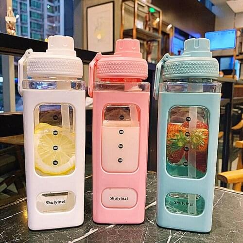 New Clear Square Plastic Water Bottles With Straw Creative Summer Cute Bear Outdoor Large Capacity Portable Cycling Water kettle