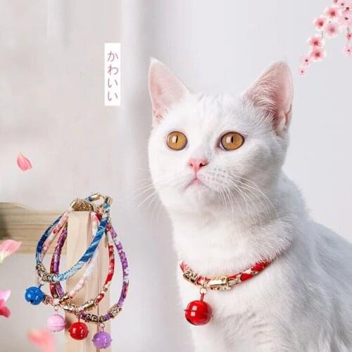 New Cute Bell Collar For Cats Dog Rabbit Collar Japanese Style Pet Collar Adjustable Shiba Inu Lucky Cat Flower Print Pet Collar