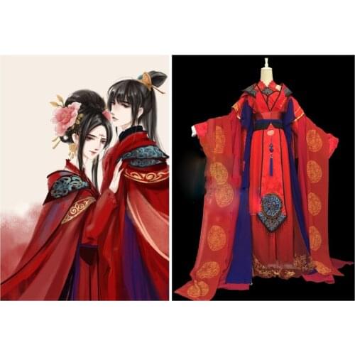 Peony Wedding Red Bride and Groom Long Tail Gorgeous Wedding Hanfu Cos Jin Mi Jun Fo Universal Cosplay Hanfu for Couple set