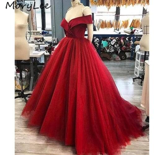 Red Evening Dresses Off The Shoulder Soft Tulle A-Line Soft Tulle Evening Dresses With Lace Up Back vestidos de fiesta de noche