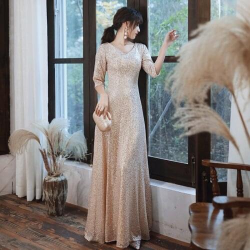 Special Occasion Dresses Vintage V-Neck Half Sequined Floor-Length Zipper A-Line Gold Elegant Fashion Nice Women Prom Gown E907