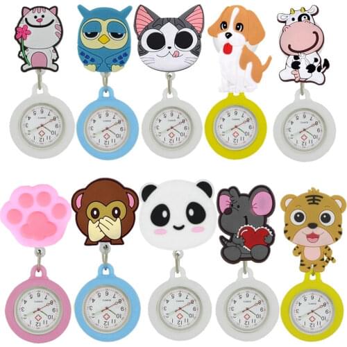 Stretchable cartoon lovely cute animal designs nurse doctor pocket watches scalable badge reel boys girls hospital gift watches
