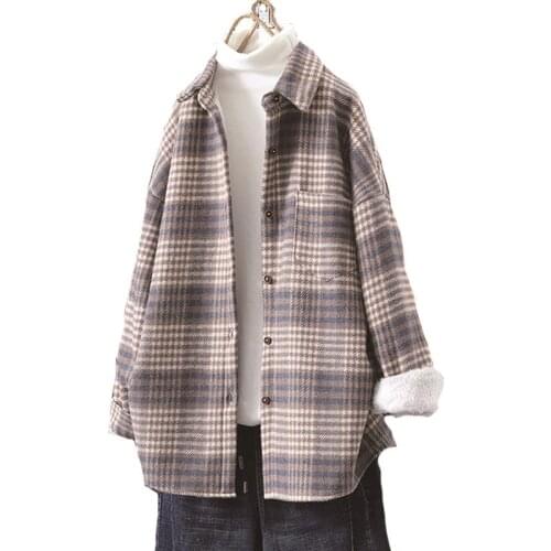 2021 Fashion Women Purple Plaid Woolen Shirts Elegant Ladies Oversize Long Shirt Vintage Female Stylish Thick Blouses Girls Chic