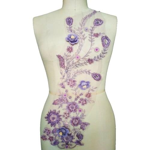 Handmade lilac Hot drilling Rhinestone beaded lace embroidery patch applique wedding dress bordados DIY Performance clothing