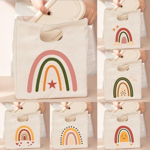 Rainbow Print Food Fresh Keep Lunch Cooler Bags Women Kids Picnic Travel Food Storage Pouch Thermal Insulated Bento Tote Handbag