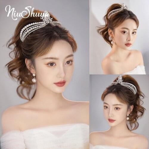 NiuShuya Crystal Pearl Tiaras Crowns Baroque White Diadem Prom Pageant Brides Party Dress Headband Wedding Accessories