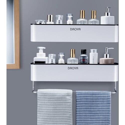 Bathroom Plank Shower Caddy Organizer Wall Mount Shampoo Rack with towel Bar No Boron Kitchen Storage Bathroom Accessories
