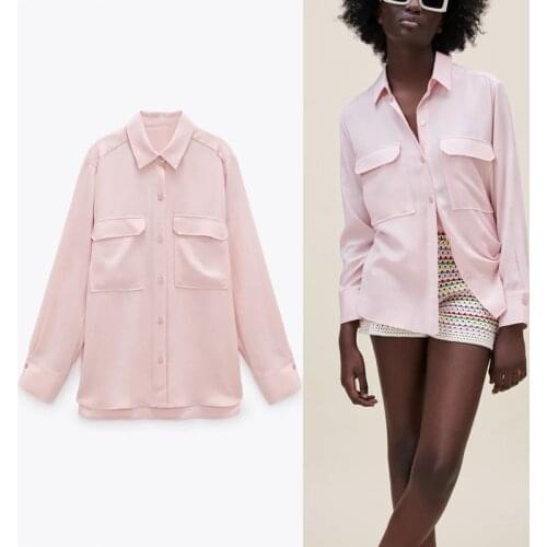 2021 Za Pink Shirt Women Flowy Long Sleeve Asymmetric Office Lady Shirts Woman Fashion Flap Patch Pockets Button Up Summer Top