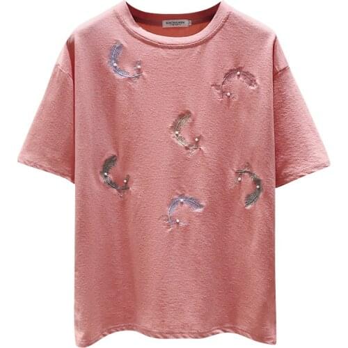 Womens Round Neck Short-Sleeved Cotton T-shirt Women Loose Korean Style Spring Summer Embroidered Tee Shirt Tops