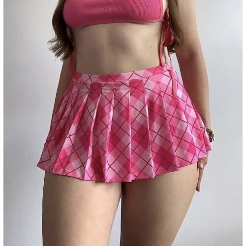 Y2k Pink Pleated Skirt Female Cute Aesthetic Woman High Waist Plaid Skirt Harajuku E Girl Mini Skirts Harajuku 2021 Summer New