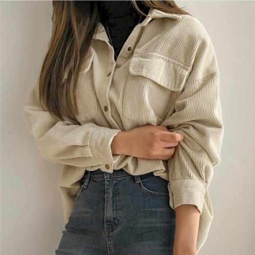 2021 Womens Corduroy Shirt Outer Wear Spring Autumn New Retro Hong Kong Style Mid-length Coat Female Wild Loose Corduroy Jacket